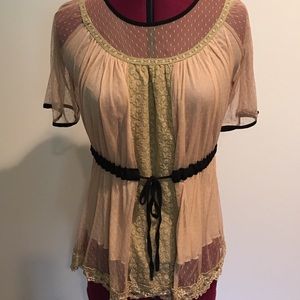 Sheer Hazel tan nude top size medium Lacey bow tie